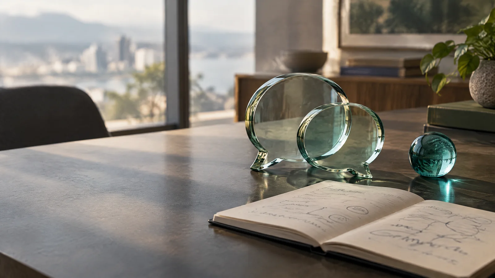 An editorial still life representing thoughtful AI-assisted business communication